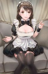 Rule 34 | 1girl, alternate costume, blush, breasts, brown eyes, brown hair, chowbie, cleavage, copyright request, couch, curtains, enmaided, hair between eyes, indoors, large breasts, long hair, long sleeves, looking at viewer, maid, medium breasts, mimikaki, open mouth, sitting, smile, solo