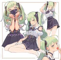 Rule 34 | 1girl, ahoge, alternate costume, arm behind head, black choker, black skirt, blue nails, blunt bangs, bright pupils, choker, closed eyes, clothing cutout, commentary request, fanged bangs, fingernails, food, food in mouth, fruit, full body, gloves, green eyes, green hair, grin, half gloves, hands on own face, hatsune miku, heart, highres, jirai kei, long fingernails, looking at viewer, mask, miniskirt, mouth mask, multiple views, nail polish, no shoes, open mouth, pleated skirt, puffy short sleeves, puffy sleeves, shirinda fureiru, shirt, short sleeves, shoulder cutout, simple background, sitting, skirt, smile, strawberry, thighhighs, twintails, vocaloid, wariza, white background, white gloves, white pupils, white shirt, white thighhighs, zettai ryouiki