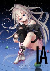 Rule 34 | 1girl, arami o 8, asymmetrical legwear, bare shoulders, black shirt, black thighhighs, blue eyes, boots, braid, character name, collar, collarbone, commentary, full body, highres, holding, ia (vocaloid), long hair, model, pink hair, pink skirt, planet, polyhedron, reflection, shirt, skirt, small stellated dodecahedron, solo, star (sky), symbol-only commentary, thigh strap, thighhighs, uneven legwear, vocaloid