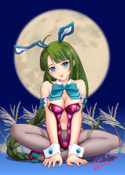 Rule 34 | 1girl, adapted costume, ahoge, animal ears, aqua bow, aqua bowtie, bow, bowtie, braid, breasts, detached collar, fake animal ears, full moon, green hair, grey pantyhose, kantai collection, large breasts, leotard, long hair, lotus position, moke ro, mole, mole under mouth, moon, navel, pantyhose, playboy bunny, purple leotard, rabbit ears, single braid, sitting, solo, strapless, strapless leotard, thighband pantyhose, tongue, tongue out, very long hair, wrist cuffs, yuugumo (kancolle)