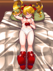 Rule 34 | 1girl, ankle boots, bed, blonde hair, blush, boots, bow, breasts, collar, effie (street fighter), closed eyes, fingerless gloves, full-face blush, gloves, hair bow, long hair, nipples, on bed, osamu yagi, panties, pillow, red gloves, ribbon, solo, spikes, street fighter, street fighter iii (series), sweatdrop, topless, twintails, underwear, white panties