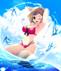 1girl bikini breasts brown_eyes brown_hair child-box cleavage cloud fish highres looking_at_viewer medium_breasts meiko_(vocaloid) one_eye_closed red_bikini short_hair sky smile solo swimsuit vocaloid water