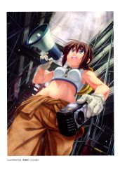 Rule 34 | 1girl, absurdres, armpits, bare shoulders, blue eyes, brown hair, camera, clothes around waist, construction, construction site, crop top, dirty, foreshortening, from below, gloves, hard hat, helmet, highres, jacket, jacket around waist, megaphone, midriff, nagamori masato, navel, non-web source, open mouth, original, perspective, ponytail, scan, solo, sweat, tank top