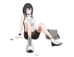 Rule 34 | 1girl, arm support, bag, bare arms, bare shoulders, bike shorts, black hair, black trim, brown shorts, car keys, closed mouth, commentary, english text, green eyes, grey bag, hair between eyes, high heel sneakers, high tops, highres, id card, medium hair, northkiyou, original, ponytail, shirt, shoes, short ponytail, shorts, shoulder bag, signature, sitting, sleeveless, sleeveless shirt, smile, sneakers, socks, solo, two-tone shirt, watch, white background, white footwear, white shirt, white socks, wristwatch, zipper
