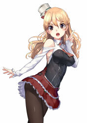 Rule 34 | 10s, 1girl, akasaai, bare shoulders, black pantyhose, blonde hair, blush, breasts, brown eyes, cowboy shot, hair between eyes, highres, index finger raised, kantai collection, large breasts, long hair, long sleeves, looking at viewer, miniskirt, open mouth, pantyhose, red skirt, simple background, skirt, solo, standing, wavy hair, white background, zara (kancolle)