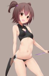Rule 34 | :d, akagi miria, arm behind back, bare arms, bare shoulders, black panties, blush, breasts, brown background, brown eyes, brown hair, cosplay, covered erect nipples, cowboy shot, crop top, dagger, fate/apocrypha, fate (series), gluteal fold, hair bobbles, hair ornament, holding, holding weapon, idolmaster, idolmaster cinderella girls, jack the ripper (fate/apocrypha), jack the ripper (fate/apocrypha) (cosplay), knife, looking at viewer, navel, open mouth, panties, ratsuku kinoko, short hair, simple background, sleeveless, small breasts, smile, solo, standing, stomach, tareme, thighs, two side up, underwear, weapon