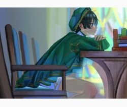 Rule 34 | 4the2ofus, akademiya uniform, alternate costume, black hair, blue eyes, blurry, blurry background, blush, book, border, chair, from side, genshin impact, green hat, hat, highres, indoors, leaning forward, long sleeves, male focus, profile, scaramouche (genshin impact), school uniform, shorts, sitting, solo, table, trap, white border, white shorts, window