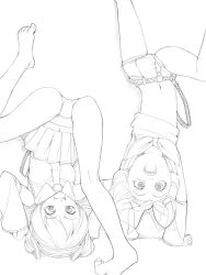 Rule 34 | 2girls, akinbo (hyouka fuyou), barefoot, feet, greyscale, handstand, hatsune miku, kagamine rin, monochrome, multiple girls, navel, open mouth, panties, pantyshot, petite, shorts, sketch, thighhighs, twintails, underwear, upside-down, vocaloid