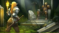Rule 34 | 1girl, armor, artist name, blonde hair, candle, commentary, deviantart username, elf, english commentary, gloves, highres, long hair, original, partially submerged, plate armor, pointy ears, ronindude, sheath, sheathed, simple background, skeleton, solo, stairs, sword, throne, torch, water, watermark, weapon