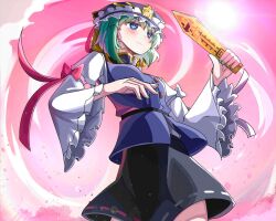Rule 34 | 1girl, black skirt, blue eyes, blue hat, blue vest, bright pupils, closed mouth, commentary, epaulettes, frilled hat, frills, green hair, hat, holding, juliet sleeves, long sleeves, looking at viewer, outdoors, pink sky, puffy sleeves, ribbon-trimmed skirt, ribbon trim, rod of remorse, shiki eiki, short hair, skirt, sky, solo, spam (spamham4506), sun, touhou, vest, white pupils
