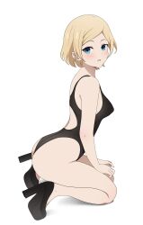 Rule 34 | 1girl, absurdres, ass, bare arms, bare legs, bare shoulders, black footwear, black one-piece swimsuit, blonde hair, blue eyes, blush, breasts, commentary, competition swimsuit, coro fae, dot nose, english commentary, from side, hayasaka nao, high heels, highres, kaguya-sama wa kokurasetai ~tensai-tachi no renai zunousen~, looking at viewer, mature female, medium breasts, one-piece swimsuit, paid reward available, parted bangs, parted lips, platform footwear, shadow, short hair, sideboob, simple background, socks, solo, swimsuit, turning head, white background
