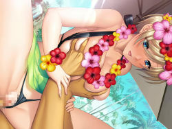 Rule 34 | 1boy, 1girl, aikawa arisa, bikini, blue eyes, blush, grabbing another&#039;s breast, breasts, flower, flower armlet, flower necklace, flower on head, grabbing, jewelry, laetitia bellmer, large breasts, necklace, pussy juice, short hair, swimsuit, taimanin (series), taimanin rpgx, vaginal