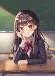 Rule 34 | 1girl, black jacket, blazer, blunt bangs, blush, bow, bowtie, brown hair, chalkboard, classroom, closed mouth, commentary request, desk, hand on own cheek, hand on own face, highres, indoors, jacket, long hair, long sleeves, looking at viewer, mayo (miyusa), orange eyes, original, red bow, red bowtie, school desk, school uniform, shirt, sitting, smile, solo, upper body, white shirt