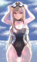 Rule 34 | 0zafw, 1girl, :o, arms up, bare shoulders, black choker, black one-piece swimsuit, breasts, choker, cleavage, collarbone, competition swimsuit, curvy, gluteal fold, goddess of victory: nikke, goggles, goggles on head, hair intakes, highleg, highleg swimsuit, highres, large breasts, light brown hair, long hair, multicolored clothes, multicolored swimsuit, official alternate costume, one-piece swimsuit, rapi (classic vacation) (nikke), rapi (nikke), red eyes, shiny skin, solo, swimsuit, very long hair, water, wet, white one-piece swimsuit, wide hips