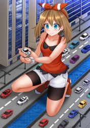 Rule 34 | 1girl, bare arms, bare shoulders, bike shorts, black shorts, blue eyes, blush, brown hair, building, camisole, car, closed mouth, commentary, commission, creatures (company), english commentary, full body, game freak, giant, giantess, hair between eyes, hair ribbon, hairband, highres, holding, kazenokaze, lamppost, lotus (brand), lotus evora, may (pokemon), motor vehicle, nintendo, no shoes, on one knee, pokemon, pokemon oras, red camisole, red hairband, red ribbon, red socks, ribbon, road, short shorts, shorts, shorts under shorts, sidelocks, smile, socks, solo, vehicle request, water, white shorts, window