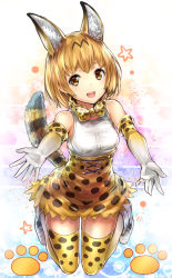 Rule 34 | 10s, 1girl, :d, animal ears, bare shoulders, blonde hair, blush, bow, bowtie, breasts, cat ears, cat tail, commentary request, elbow gloves, gloves, hourainingyou, kemono friends, legs up, looking at viewer, medium breasts, open mouth, outstretched arms, serval (kemono friends), serval print, serval tail, shirt, short hair, skirt, sleeveless, smile, solo, tail, thighhighs, yellow eyes