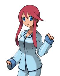 Rule 34 | 1girl, alternate costume, alternate hairstyle, bad id, bad pixiv id, blue eyes, blue pants, blue shirt, breasts, cleavage, closed mouth, collarbone, cowboy shot, creatures (company), female focus, game freak, gym leader, hair down, hand up, happy, long hair, long sleeves, medium breasts, nintendo, pajamas, pants, pokemon, pokemon bw, red hair, shirt, simple background, skyla (pokemon), smile, solo, standing, tellzeta, white background