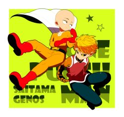 Rule 34 | 2boys, bald, black sclera, blonde hair, boots, brown eyes, cape, colored sclera, copyright name, cyborg, genos, gloves, male focus, mamoko, multiple boys, one-punch man, saitama (one-punch man), yellow eyes, zipper