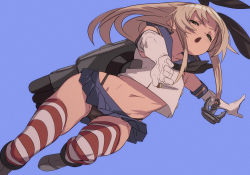 Rule 34 | 1girl, black panties, blonde hair, blue background, dutch angle, elbow gloves, fu-ta, gloves, green eyes, hair ornament, highres, kantai collection, long hair, looking at viewer, midriff, open mouth, panties, pleated skirt, shimakaze (kancolle), simple background, skirt, solo, striped clothes, striped thighhighs, thighhighs, torpedo, underwear, white gloves