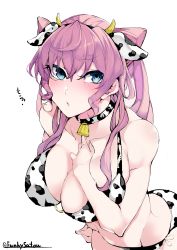 Rule 34 | 1girl, absurdres, animal ears, animal print, ass, bell, bikini, blue eyes, blush, breasts, cleavage, collar, cow ears, cow girl, cow horns, cow print, cowbell, fake animal ears, fake horns, funkysatou, hand on own chest, highres, horns, large breasts, long hair, looking at viewer, maria cadenzavna eve, navel, neck bell, parted lips, pink hair, print bikini, senki zesshou symphogear, side-tie bikini bottom, solo, swimsuit, twintails, twitter username, white background