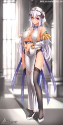 Rule 34 | 1girl, black garter belt, black thighhighs, blurry, blurry background, breast curtains, breasts, cleavage, detached sleeves, dress, facial mark, garter belt, hair between eyes, headdress, heterochromia, high heels, highres, horns, large breasts, long hair, looking at viewer, midnight (banyex), mole, mole on breast, mole under mouth, no bra, own hands together, pelvic curtain, pixiv fantasia, pixiv fantasia scepter of zeraldia, purple eyes, smile, solo, standing, thighhighs, white dress, white hair, yellow eyes