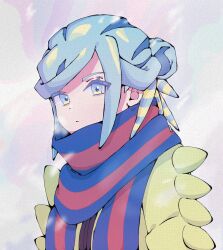 Rule 34 | 1boy, blue scarf, closed mouth, commentary request, creatures (company), eyelashes, game freak, grusha (pokemon), hair bun, highres, jacket, koto-sensei, looking at viewer, male focus, nintendo, outdoors, pokemon, pokemon sv, scarf, snowing, solo, striped clothes, striped scarf, upper body, yellow jacket