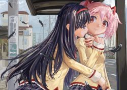 Rule 34 | 2girls, akemi homura, black feathers, black hair, black skirt, building, closed mouth, commentary request, feathers, hair ribbon, hairband, highres, hug, juliet sleeves, kaname madoka, long hair, long sleeves, mahou shoujo madoka magica, mahou shoujo madoka magica (anime), mitakihara school uniform, multiple girls, pink hair, plaid, plaid skirt, pleated skirt, puffy sleeves, purple eyes, red eyes, red hairband, red ribbon, ribbon, school uniform, short hair, short twintails, skirt, smile, twintails, upper body, yuri, yuugao