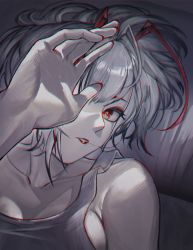 Rule 34 | 1girl, absurdres, antennae, arknights, bare shoulders, chromatic aberration, collarbone, commentary, covering face, from above, gaanc 23 (tomosuge), grey hair, grey tank top, highres, lips, looking at viewer, lying, on back, one eye covered, parted lips, red eyes, red lips, short hair, solo, tank top, upper body, w (arknights)