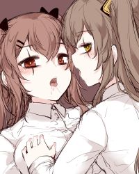 Rule 34 | after kiss, alternate costume, black ribbon, blush, grabbing another&#039;s breast, breasts squeezed together, breasts, brown background, brown eyes, brown hair, girls&#039; frontline, grabbing, highres, hourai kochou, incest, looking at viewer, open mouth, ribbon, saliva, saliva trail, scar, scar across eye, scar on face, shirt, simple background, tongue, tongue out, twintails, ump45 (girls&#039; frontline), ump9 (girls&#039; frontline), white shirt, yellow eyes, yuri