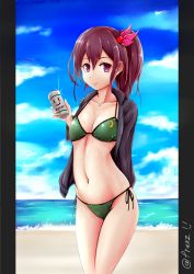 10s 1girl bad_id bad_pixiv_id beach bikini bikini_under_clothes breasts brown_hair can cleavage cloud commentary_request cowboy_shot day female_focus franz_(217franz) gradient_background green_bikini hair_ornament highres holding kantai_collection kisaragi_(kancolle) lips medium_breasts navel outdoors ponytail purple_eyes purple_hair side-tie_bikini_bottom sky smile solo swimsuit water wet