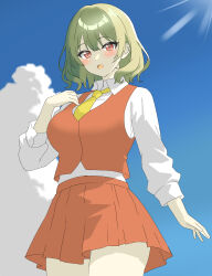 Rule 34 | 1girl, absurdres, blue sky, breasts, cloud, collared shirt, commentary, cowboy shot, green hair, highres, kazami yuuka, large breasts, long sleeves, looking at viewer, miniskirt, necktie, open mouth, outdoors, red eyes, red skirt, red vest, shirokumall, shirt, short hair, skirt, sky, solo, standing, touhou, vest, white shirt, yellow necktie