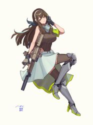 1girl assault_rifle black_thighhighs blue_gloves boots breasts brown_eyes brown_hair brown_sweater_vest closed_mouth commentary english_commentary full_body girls&#039;_frontline gloves grey_scarf gun hand_up headphones highres holding holding_gun holding_weapon knee_boots knee_pads long_hair looking_at_viewer m4_carbine m4a1_(girls&#039;_frontline) medium_breasts multicolored_hair rifle scarf sidelocks smile solo standing standing_on_one_leg strapless sweater_vest thighhighs two-tone_hair weapon white_background yotsuyama_(yomo8ama)