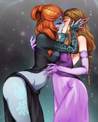 Rule 34 | 2girls, brown hair, closed eyes, colored skin, dress, front ponytail, hands on another&#039;s face, highres, kiss, leaning forward, midna, midna (true), mina cream, multicolored skin, multiple girls, neon trim, nintendo, orange hair, pink dress, pointy ears, princess zelda, the legend of zelda, the legend of zelda: twilight princess, thighs, two-tone skin, yuri