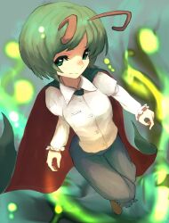Rule 34 | 1girl, antennae, black cape, black shorts, breasts, buttons, cape, closed mouth, collared shirt, commentary request, frilled shorts, frilled sleeves, frills, full body, green background, green eyes, green hair, highres, long sleeves, looking at viewer, mizuki 0630, red cape, shirt, short hair, shorts, small breasts, smile, solo, swept bangs, touhou, two-sided cape, two-sided fabric, white shirt, wriggle nightbug