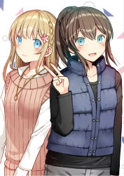 Rule 34 | 2girls, :d, black shirt, blue eyes, blue jacket, blush, brown hair, closed mouth, collarbone, commentary request, flower, grey pants, hair between eyes, hair flower, hair ornament, hand up, jacket, jewelry, kurata rine, light brown hair, long hair, long sleeves, multiple girls, open mouth, original, pants, pendant, pink flower, shirt, sleeveless, sleeveless jacket, smile, sweater vest, v, white background, white shirt