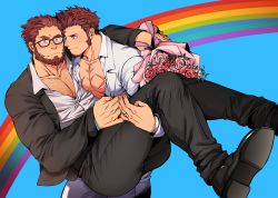 Rule 34 | 2boys, absurdres, alternate costume, aqua background, arm around shoulder, ass, bara, beard, bespectacled, black-framed eyewear, black pants, black suit, blue eyes, blush, bouquet, brown hair, carrying, chest hair, collared shirt, commission, couple, cross scar, dark-skinned male, dark skin, embarrassed, face-to-face, facial hair, fate/grand order, fate (series), flower, flustered, formal, glasses, goatee, highres, holding, holding bouquet, holding hands, holmy (holmesdmode), husband and husband, iskandar (fate), jewelry, large pectorals, lgbt pride, long sideburns, male focus, mature male, multiple boys, muscular, muscular male, napoleon bonaparte (fate), one eye closed, pants, partially unbuttoned, pectoral cleavage, pectoral docking, pectoral press, pectorals, princess carry, rainbow, raised eyebrow, red hair, ring, scar, scar on chest, second-party source, shirt, short hair, sideburns, smile, suit, thick thighs, thighs, wedding, wedding ring, white suit, yaoi