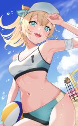 Rule 34 | 1girl, absurdres, arm up, ball, bandages, beach, beach volleyball, bikini, blonde hair, blue eyes, blue sky, breasts, cloud, female focus, hat, highres, holding, holding ball, hololive, kazama iroha, long hair, looking at viewer, navel, open mouth, playing sports, pokobee, ponytail, sable mint, sky, small breasts, smile, solo, sports bikini, sportswear, swimsuit, teeth, upper teeth only, virtual youtuber, visor cap, volleyball, volleyball (object), volleyball net, white hat