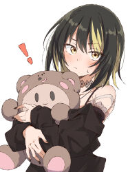Rule 34 | !, 1girl, black hair, black nails, black shirt, blonde hair, blush, commentary request, eitopondo, highres, holding, holding stuffed toy, idolmaster, idolmaster shiny colors, ikaruga luca, long sleeves, looking at viewer, multicolored hair, nail polish, pout, shirt, short hair, sidelocks, solo, stuffed animal, stuffed toy, sweat, teddy bear, two-tone hair, upper body, white background, yellow eyes