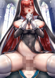Rule 34 | 1boy, 1girl, absurdres, adrestia (elsword), been, blur censor, breasts, cameltoe, censored, church, cleavage, clothing aside, commentary, corruption, cowgirl position, dress, elesis (elsword), elsword, gloves, hair between eyes, highres, long hair, mosaic censoring, nipples, nun, open mouth, own hands together, parted lips, pelvic curtain, pelvic curtain aside, praying, red eyes, red hair, rosary, spread legs, straddling, sweat, thighhighs, tight clothes, tight dress, white gloves, white thighhighs
