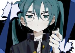 Rule 34 | 1girl, absurdres, alternate costume, bespectacled, black background, black jacket, blue eyes, blue hair, closed mouth, collared shirt, commentary request, crossdressing, drop shadow, gakuran, glasses, half-closed eyes, hand up, hatsune miku, highres, holding, jacket, jaggy lines, light blush, light frown, long hair, looking down, omoei, open clothes, open jacket, school uniform, shirt, simple background, solo, twintails, upper body, vocaloid, white shirt