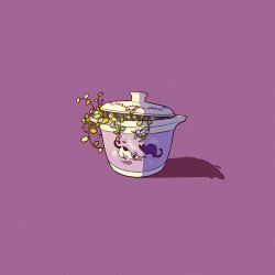 cat commentary cup english_commentary floral_print in_container lid limited_palette mellific negative_space no_humans object_focus original overgrown plant purple_background shadow simple_background still_life