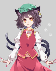 Rule 34 | 1girl, alternate eye color, animal ears, animal hands, black hair, bow, bowtie, breasts, cat ears, cat girl, cat tail, chen, closed mouth, commentary, earrings, fingernails, green hat, grey background, hat, highres, jewelry, juliet sleeves, long fingernails, long sleeves, looking at viewer, mandarin collar, medium breasts, mob cap, multicolored eyes, multiple tails, nail polish, navel, pink eyes, puffy long sleeves, puffy sleeves, raptor7, red nails, red skirt, red vest, shirt, short hair, simple background, single earring, skirt, skirt set, smile, solo, standing, symbol-only commentary, tail, touhou, two tails, vest, wavy hair, white bow, white bowtie, white shirt, yellow bow, yellow eyes