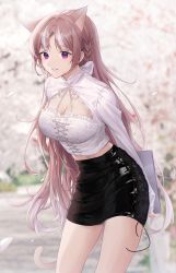 Rule 34 | 1girl, absurdres, animal ears, arms behind back, black skirt, blurry, blurry background, blush, braid, breasts, brown hair, camisole, cat ears, cat girl, cat tail, cleavage, commentary, cowboy shot, day, depth of field, highres, holding, idasu (hyun9164), large breasts, latex skirt, leaning forward, long hair, long sleeves, looking at viewer, multicolored hair, original, outdoors, parted lips, petals, purple eyes, shrug (clothing), skirt, slit pupils, smile, solo, streaked hair, symbol-only commentary, tail, thighs, two-tone hair, very long hair, white hair