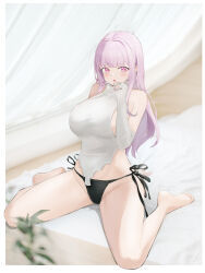 Rule 34 | 1girl, absurdres, azur lane, bare legs, bare shoulders, barefoot, bikini, black bikini, blunt bangs, blush, border, breasts, chestnut mouth, chinese commentary, commentary request, detached sleeves, feet, hair intakes, highres, huge breasts, indoors, legs, long hair, looking at viewer, meme attire, open mouth, pink hair, plant, plymouth (azur lane), ribbed sleeves, ribbed sweater, side-tie bikini bottom, sitting, sleeves past wrists, solo, suo bu ye feng, sweater, swimsuit, teeth, thighs, toes, upper teeth only, virgin killer sweater, wariza, white border, white sleeves, white sweater