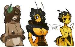 Rule 34 | 3girls, animal ears, antennae, arthropod girl, bee girl, black hair, blue eyes, breast hold, breasts, brown hair, dark nipples, drooling, closed eyes, female focus, flat chest, furry, furry female, futanari, gats (nougats), hair over one eye, insect girl, insect wings, inverted nipples, kiro (tits), large breasts, leaf, leaf on head, long hair, monster girl, multiple girls, nipples, nude, object on head, raccoon ears, raccoon tail, short hair, tail, tanuki, trials in tainted space, wings