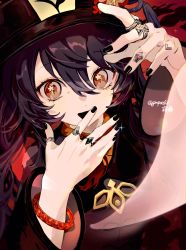 Rule 34 | 1girl, absurdres, bead bracelet, beads, black hat, black nails, bracelet, brown hair, flower, genshin impact, gmpoo93, hat, hat flower, highres, hu tao (genshin impact), jewelry, long sleeves, looking at viewer, nail polish, open mouth, red eyes, ring, smile, solo, sparkle, star-shaped pupils, star (symbol), symbol-shaped pupils, top hat, twintails, twitter username, wide sleeves