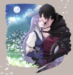 Rule 34 | 1boy, 1girl, armor, beard stubble, black hair, braid, chinstrap beard, clive rosfield, clivedaisuki, closed eyes, comforting, couple, facial hair, field, final fantasy, final fantasy xvi, flower, flower field, frills, gauntlets, hetero, highres, holding hands, hug, jill warrick, kiss, kissing forehead, looking at another, moon, night, night sky, pectorals, petals, puffy sleeves, scar, scar on face, sky, stubble, white flower