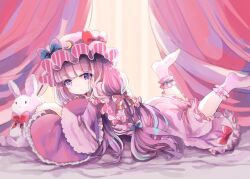 Rule 34 | 1girl, bed, bed sheet, crescent, crescent hair ornament, crescent hat ornament, crescent pin, dress, hair ornament, hat, hat ornament, hiyuu (hiyualice), lying, mob cap, on bed, on stomach, patchouli day, patchouli knowledge, pillow, purple eyes, purple hair, socks, solo, striped clothes, striped dress, touhou, vertical-striped clothes, vertical-striped dress, white socks