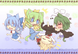 Rule 34 | &gt; &lt;, 0 0, 4girls, :3, :d, > <, ^^^, animal ears, antennae, ascot, benauxi, blonde hair, blue eyes, blue hair, blush, bow, cape, cat ears, cat tail, chibi, cirno, daiyousei, embarrassed, closed eyes, fang, green hair, hair bow, hair ribbon, hat, hazuki ruu, heart, heart in mouth, kemonomimi mode, multiple girls, mystia lorelei, mystia lorelei (bird), open mouth, outstretched arms, ribbon, rumia, short hair, side ponytail, smile, spread arms, squiggle, tail, team 9, touhou, upside-down, wings, wriggle nightbug, xd