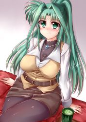 Rule 34 | 1girl, black pantyhose, black skirt, black undershirt, blush, breasts, collarbone, crossed legs, cup, facial mark, forehead mark, green eyes, green hair, highres, jewelry, large breasts, light smile, lindy harlaown, long hair, looking at viewer, lyrical nanoha, mahou shoujo lyrical nanoha, necklace, pantyhose, parted bangs, shirt, sitting, skirt, skywalker0610, solo, vest, white shirt, yellow vest